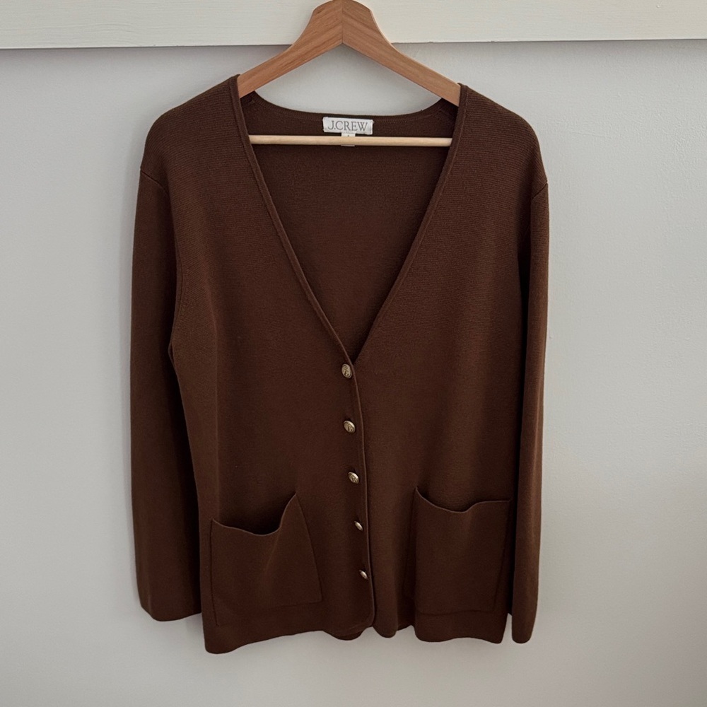 J. Crew Brown Merino Wool Blend Cardigan Sweater V-neck Minimalist Preppy Size S